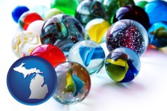 michigan map icon and glass marbles