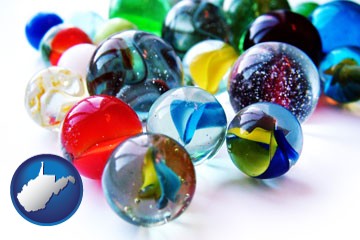 glass marbles - with West Virginia icon